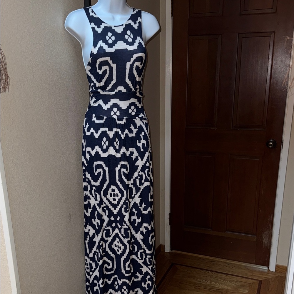 Maeve Navy Off White Ikat Scrollwork Maxi Dress Navy Cream Women’s Sz XS